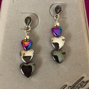 Rainbow Hematite Heart Dangly Earrings NIB